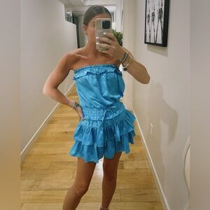 Light blue strapless romper with elastic draw string waist